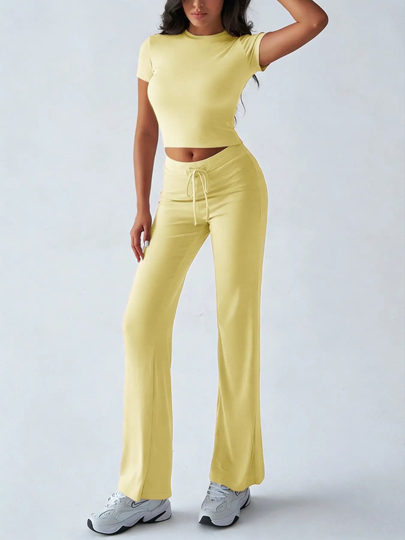 Women'S Basic Solid Short Sleeve Two-Piece Set, Casual round Neck Crop Tee & Drawstring High Waist Trousers for Daily Wear, Ladies Summer Clothes, Womenswear