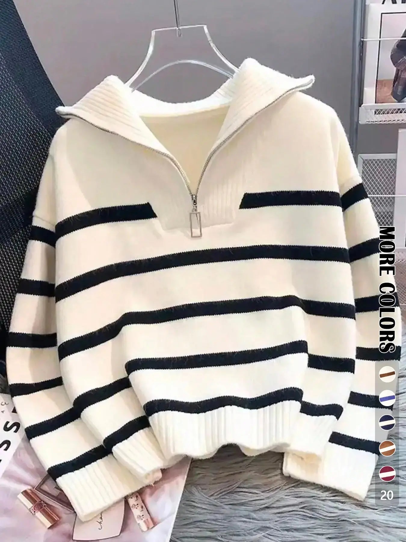 Women'S Striped-Print Drop-Shoulder Soft Sweater with Half-Zipper, Casual Fitted Long-Sleeve Collared Jumper for Daily Outdoor Wear, Knitwear for Fall & Winter, National Day Outfit