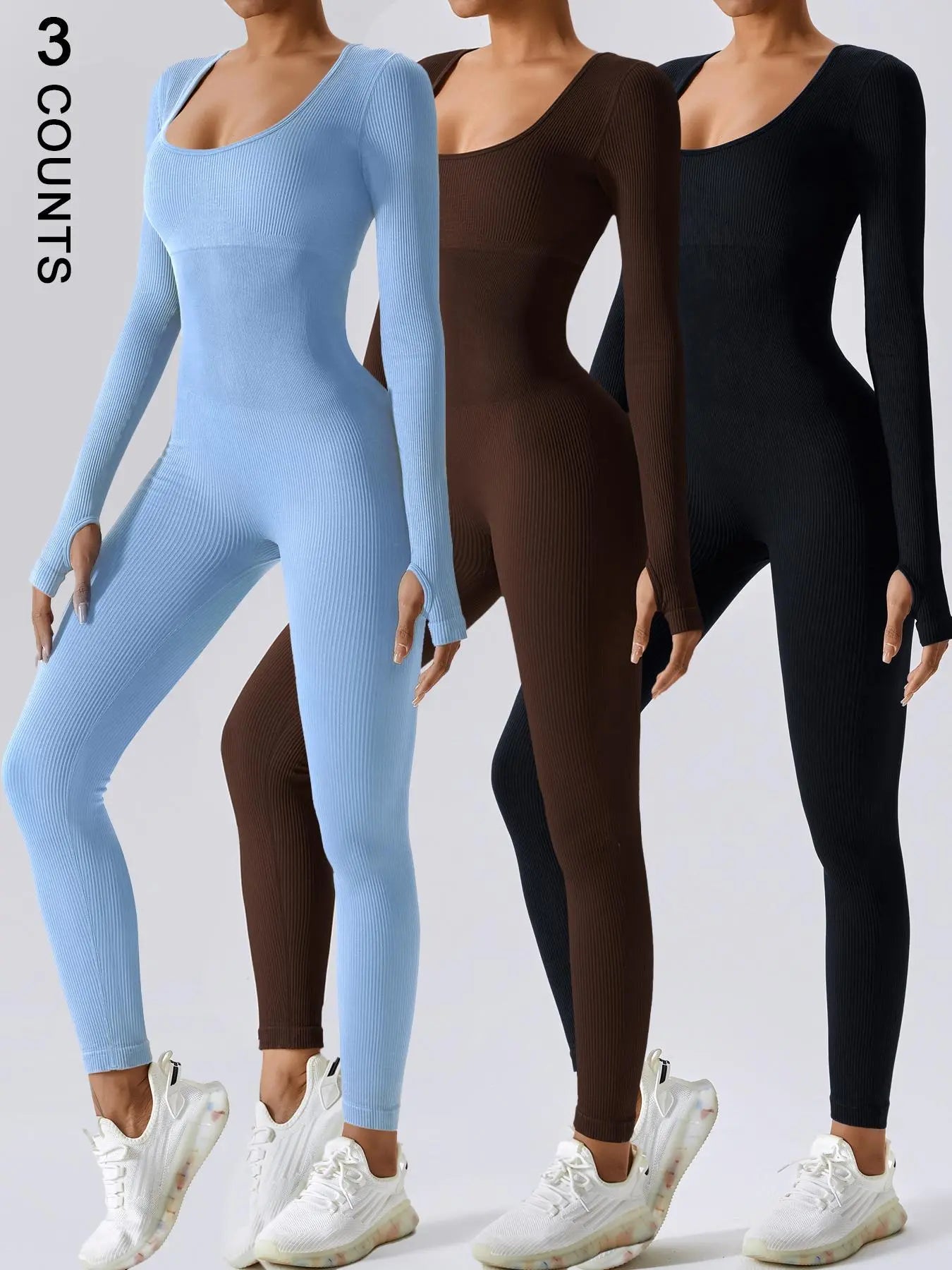 Women'S Solid Ribbed Long Sleeve Sports Playsuit Tummy Control Jumpsuit, Workout Ribbed Long Sleeve Exercise Bodycon Jumpsuit, Seamless Jumpsuits One-Piece Yoga Suit, Summer Outfits 2024, Stretchable Activewear
