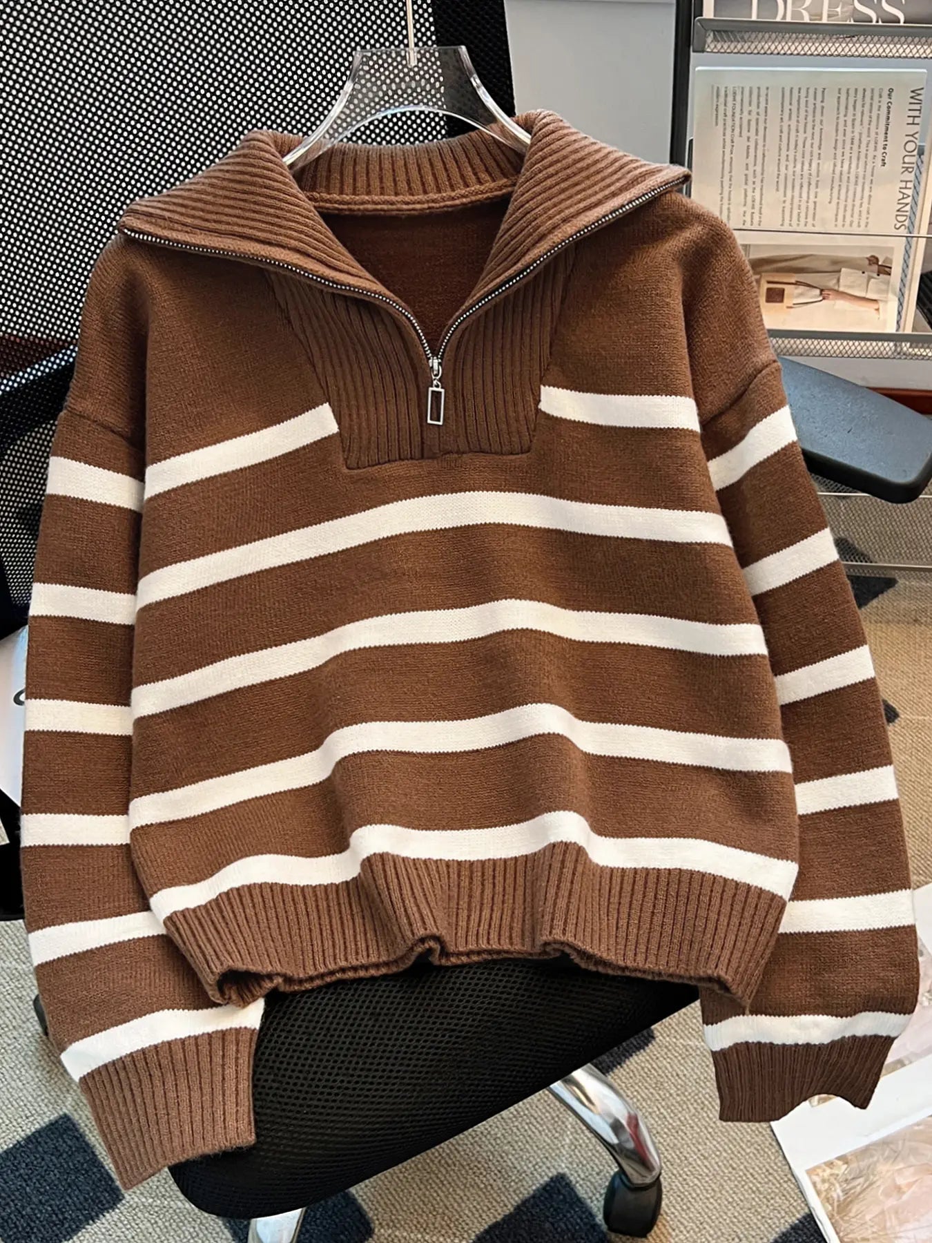 Women'S Striped-Print Drop-Shoulder Soft Sweater with Half-Zipper, Casual Fitted Long-Sleeve Collared Jumper for Daily Outdoor Wear, Knitwear for Fall & Winter, National Day Outfit