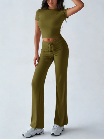 Women'S Basic Solid Short Sleeve Two-Piece Set, Casual round Neck Crop Tee & Drawstring High Waist Trousers for Daily Wear, Ladies Summer Clothes, Womenswear