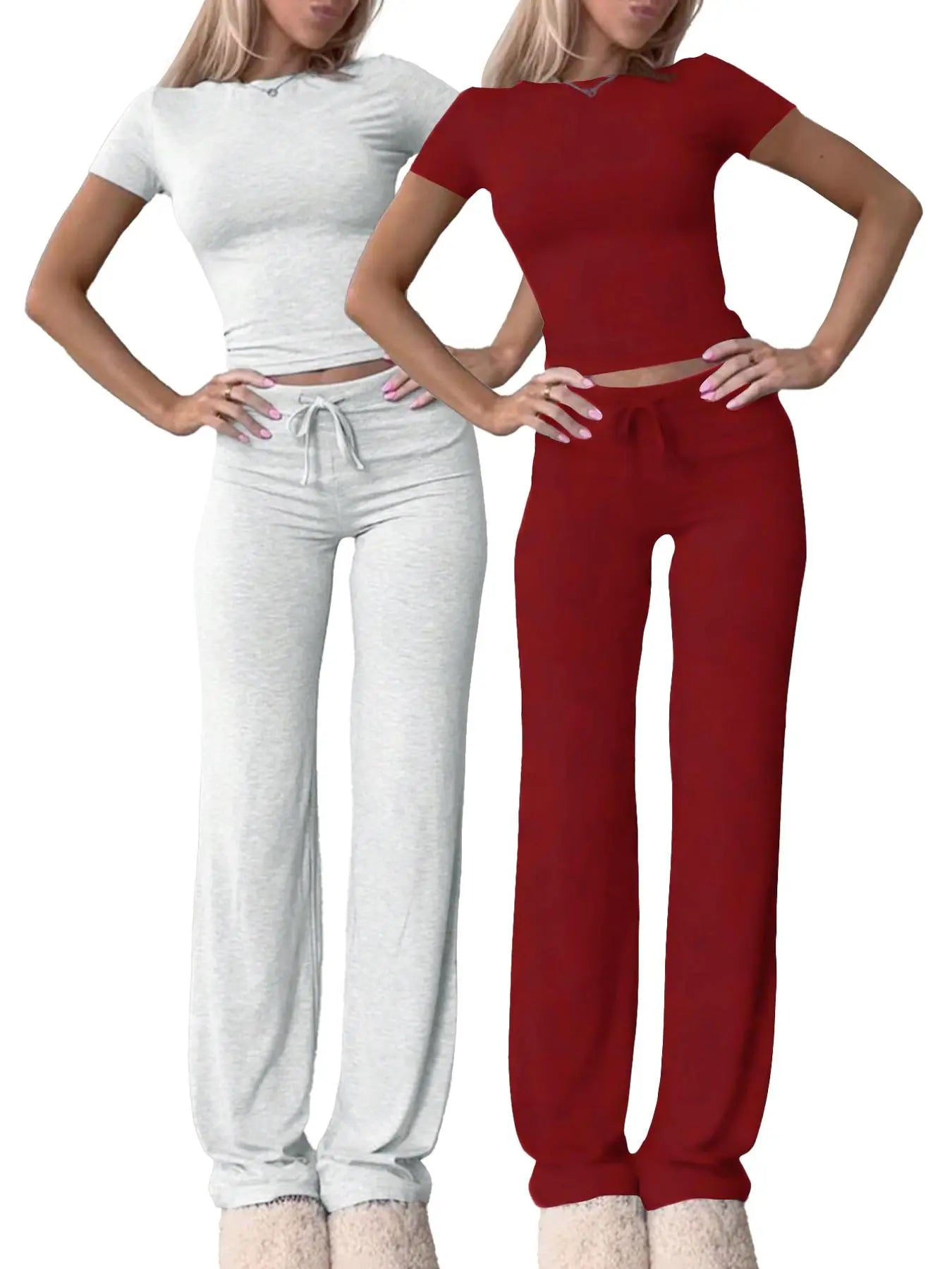 Women'S Basic Solid Short Sleeve Two-Piece Set, Casual round Neck Crop Tee & Drawstring High Waist Trousers for Daily Wear, Ladies Summer Clothes, Womenswear