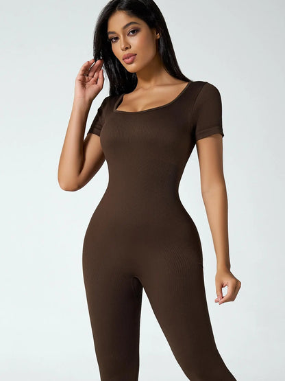 Women'S Solid Ribbed Long Sleeve Sports Playsuit Tummy Control Jumpsuit, Workout Ribbed Long Sleeve Exercise Bodycon Jumpsuit, Seamless Jumpsuits One-Piece Yoga Suit, Summer Outfits 2024, Stretchable Activewear