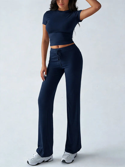 Women'S Basic Solid Short Sleeve Two-Piece Set, Casual round Neck Crop Tee & Drawstring High Waist Trousers for Daily Wear, Ladies Summer Clothes, Womenswear