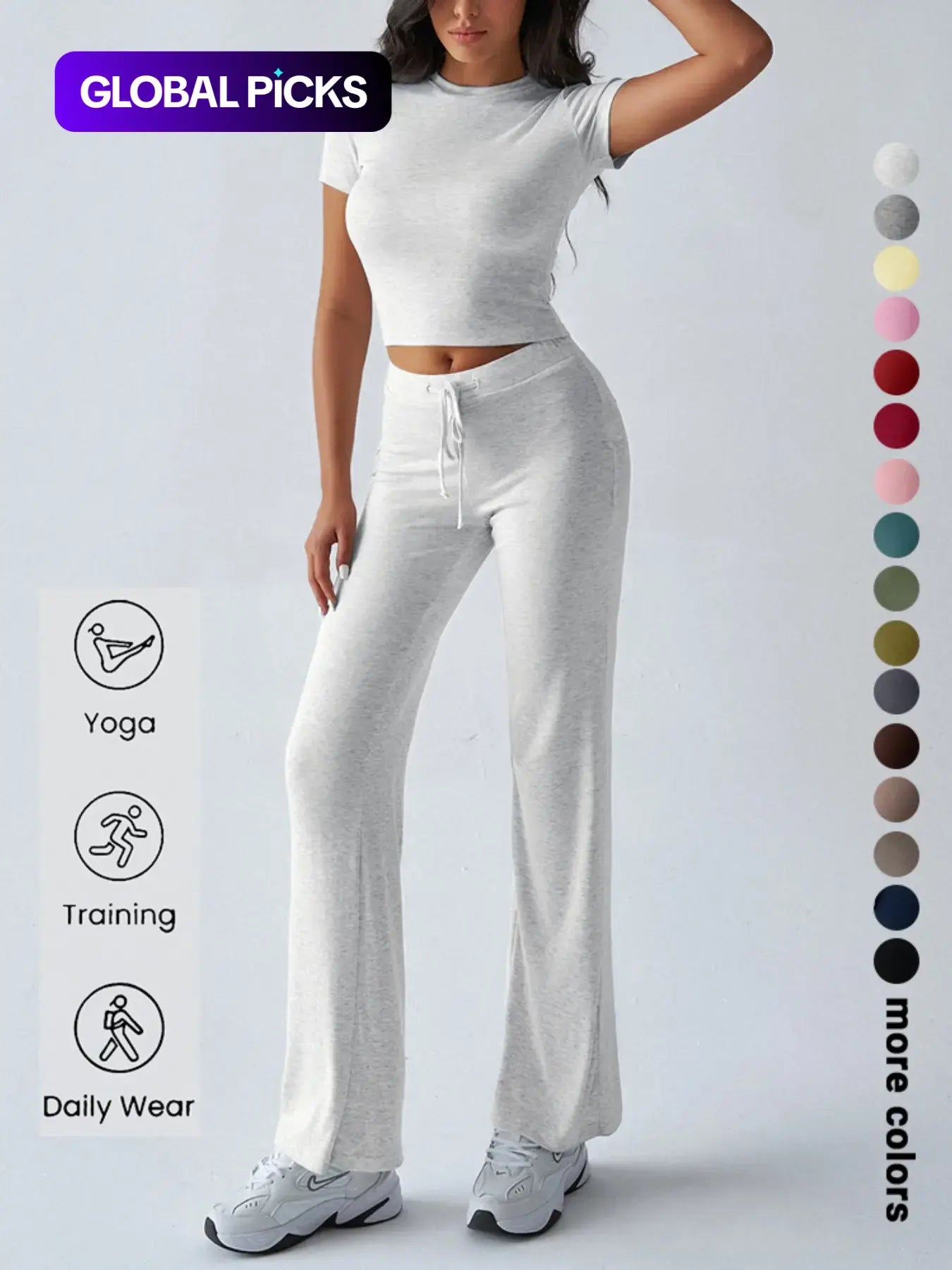 Women'S Basic Solid Short Sleeve Two-Piece Set, Casual round Neck Crop Tee & Drawstring High Waist Trousers for Daily Wear, Ladies Summer Clothes, Womenswear