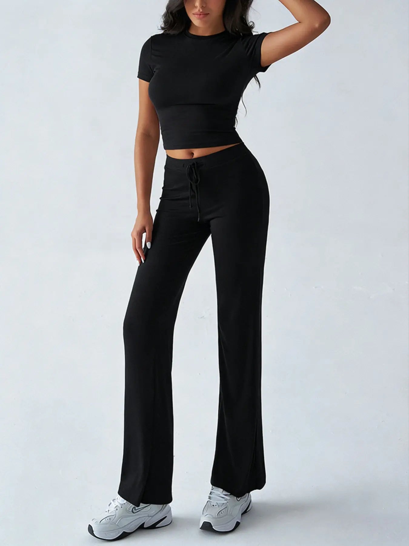 Women'S Basic Solid Short Sleeve Two-Piece Set, Casual round Neck Crop Tee & Drawstring High Waist Trousers for Daily Wear, Ladies Summer Clothes, Womenswear