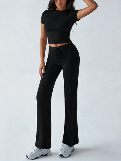 Women'S Basic Solid Short Sleeve Two-Piece Set, Casual round Neck Crop Tee & Drawstring High Waist Trousers for Daily Wear, Ladies Summer Clothes, Womenswear