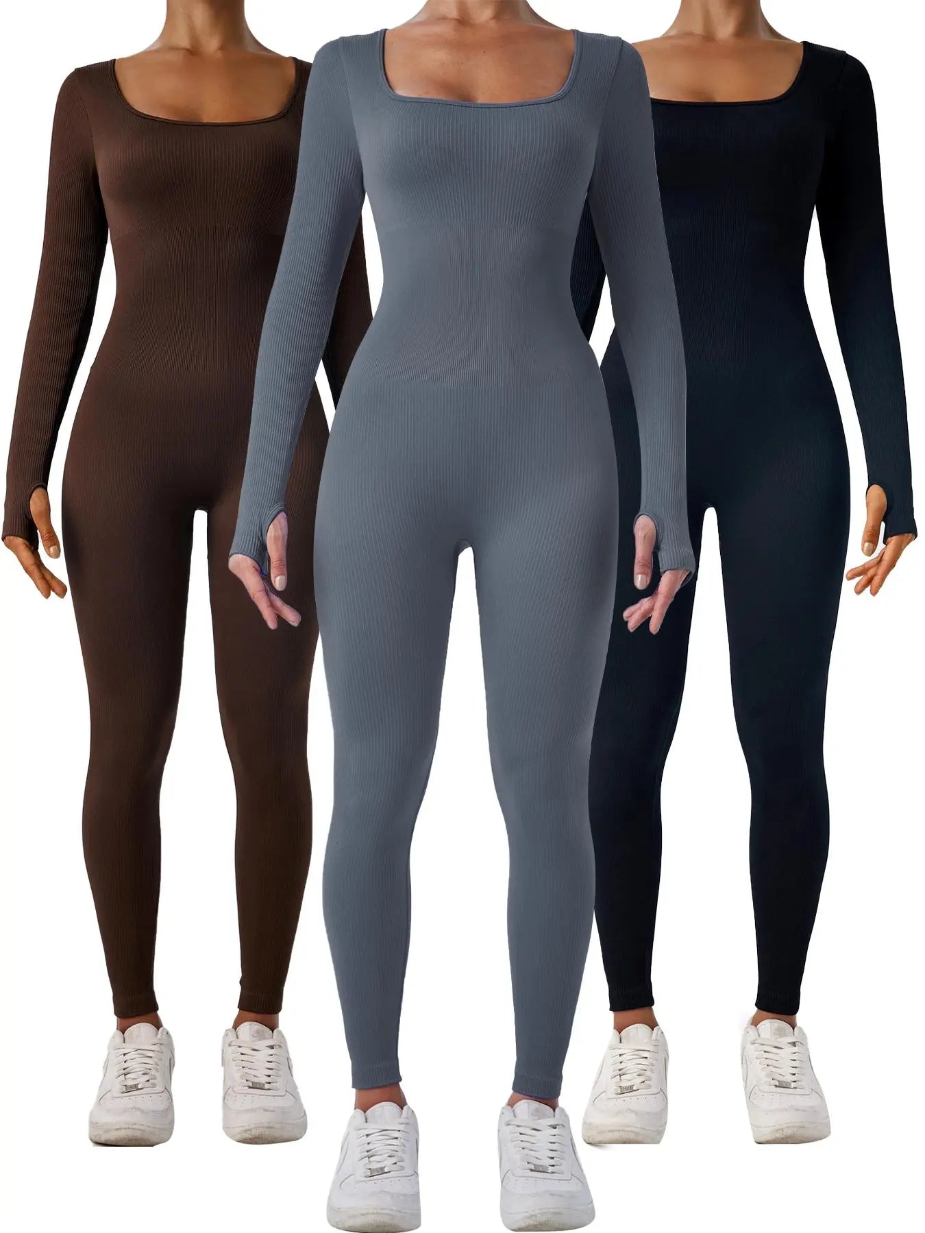 Women'S Solid Ribbed Long Sleeve Sports Playsuit Tummy Control Jumpsuit, Workout Ribbed Long Sleeve Exercise Bodycon Jumpsuit, Seamless Jumpsuits One-Piece Yoga Suit, Summer Outfits 2024, Stretchable Activewear