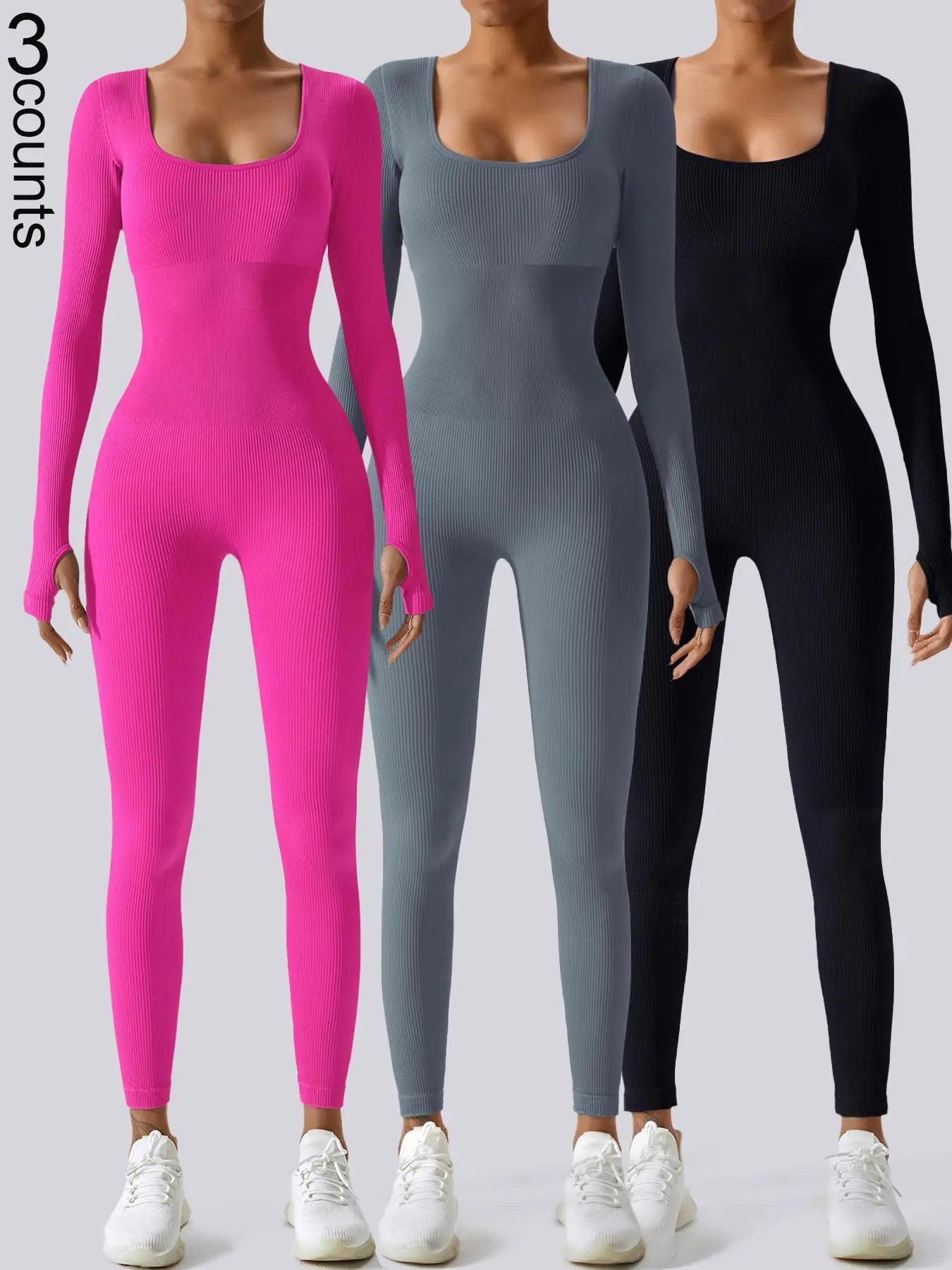 Women'S Solid Ribbed Long Sleeve Sports Playsuit Tummy Control Jumpsuit, Workout Ribbed Long Sleeve Exercise Bodycon Jumpsuit, Seamless Jumpsuits One-Piece Yoga Suit, Summer Outfits 2024, Stretchable Activewear
