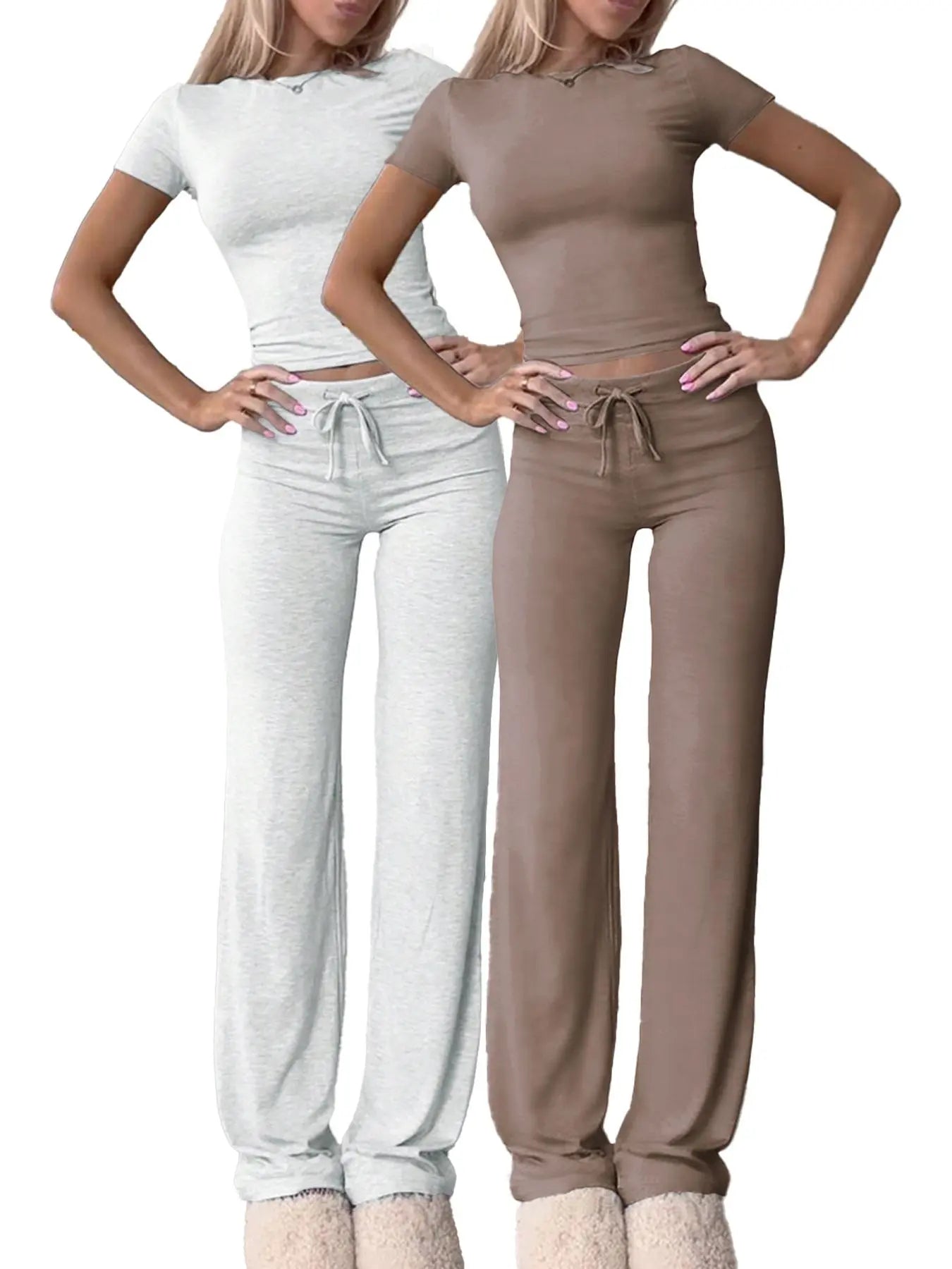 Women'S Basic Solid Short Sleeve Two-Piece Set, Casual round Neck Crop Tee & Drawstring High Waist Trousers for Daily Wear, Ladies Summer Clothes, Womenswear