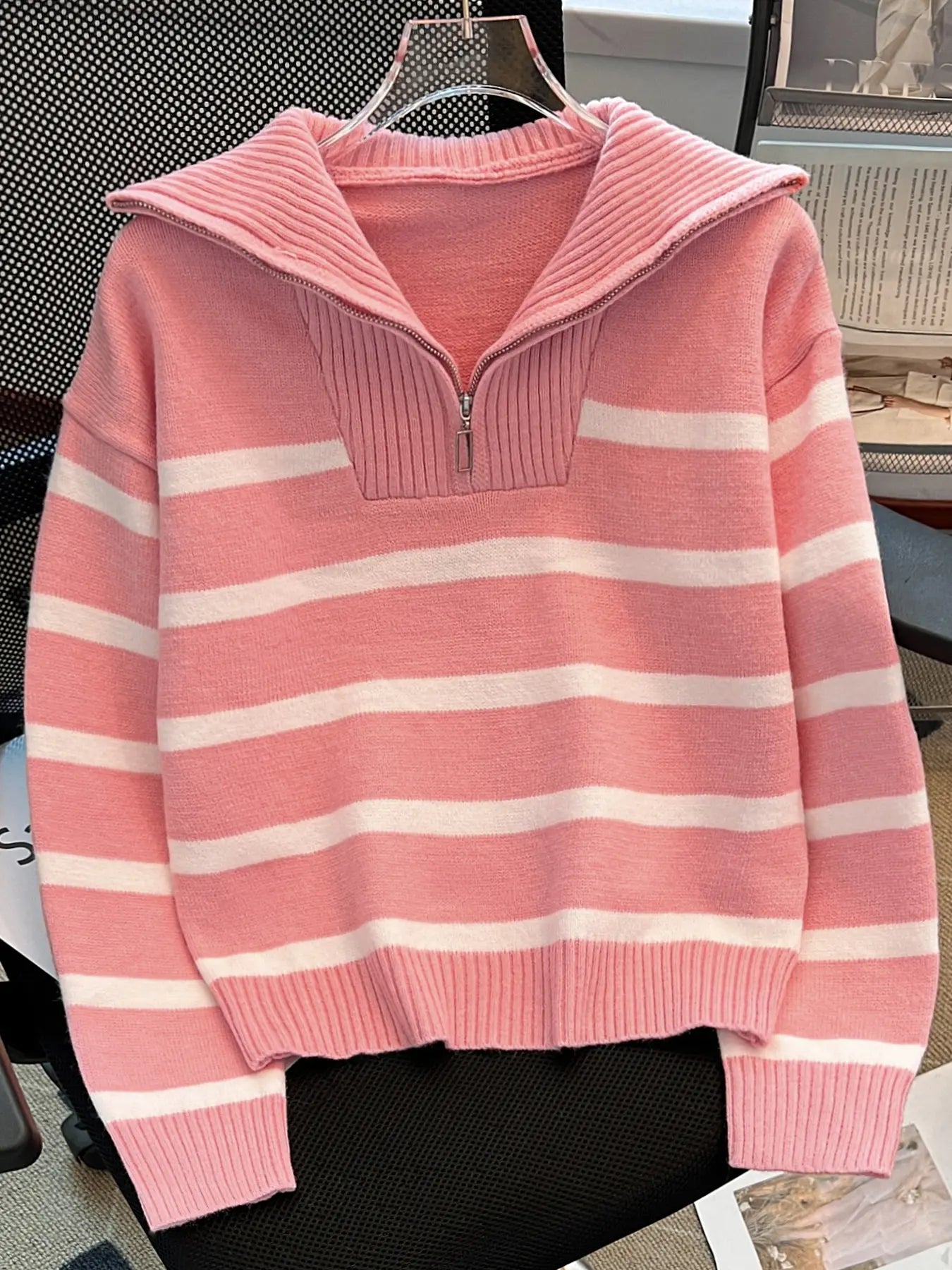 Women'S Striped-Print Drop-Shoulder Soft Sweater with Half-Zipper, Casual Fitted Long-Sleeve Collared Jumper for Daily Outdoor Wear, Knitwear for Fall & Winter, National Day Outfit