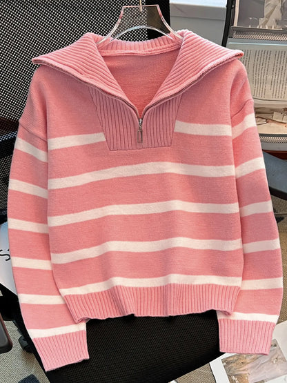 Women'S Striped-Print Drop-Shoulder Soft Sweater with Half-Zipper, Casual Fitted Long-Sleeve Collared Jumper for Daily Outdoor Wear, Knitwear for Fall & Winter, National Day Outfit