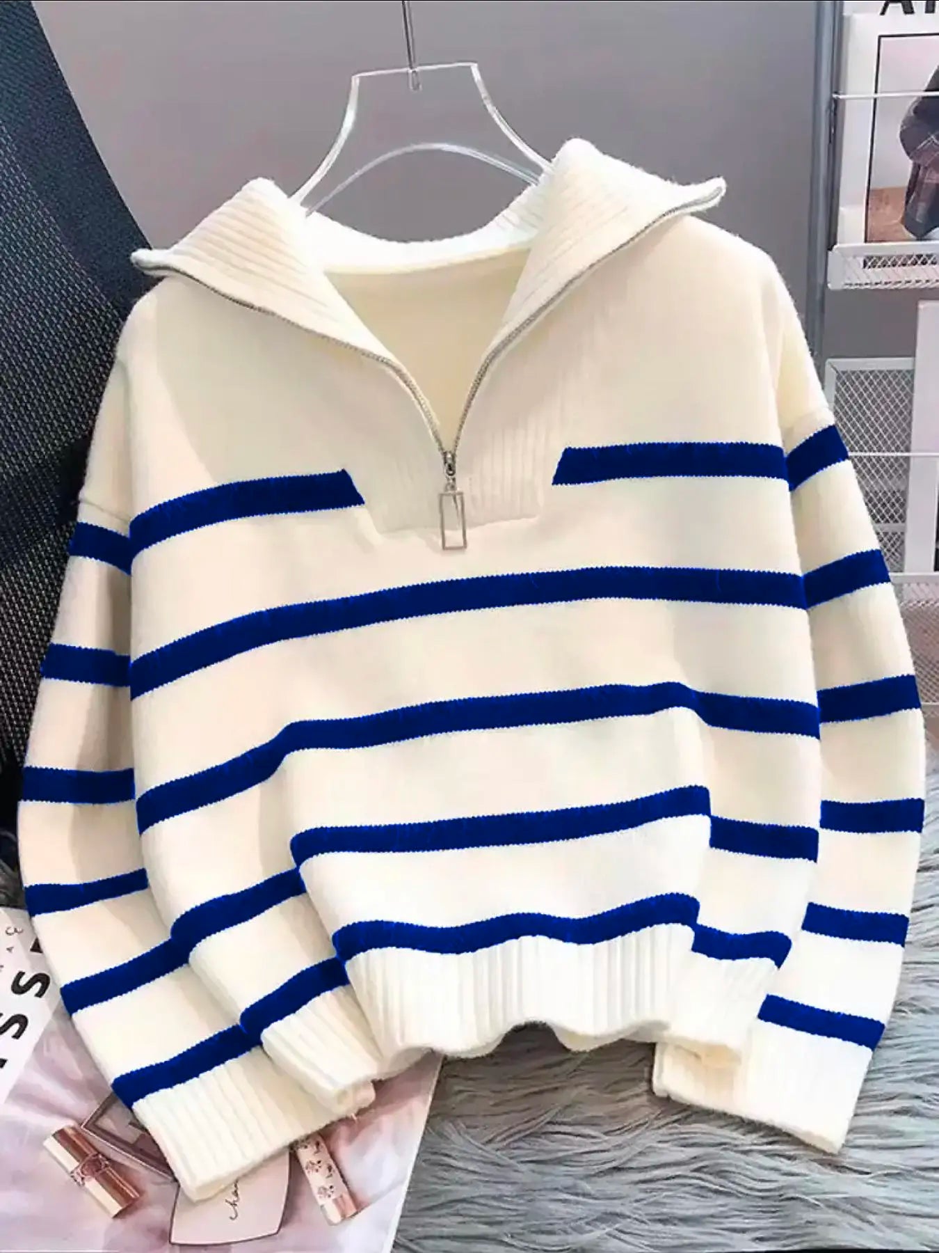 Women'S Striped-Print Drop-Shoulder Soft Sweater with Half-Zipper, Casual Fitted Long-Sleeve Collared Jumper for Daily Outdoor Wear, Knitwear for Fall & Winter, National Day Outfit