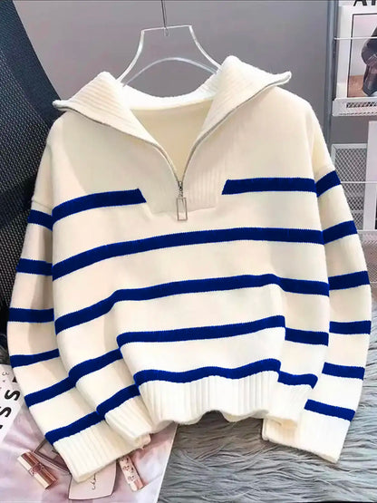 Women'S Striped-Print Drop-Shoulder Soft Sweater with Half-Zipper, Casual Fitted Long-Sleeve Collared Jumper for Daily Outdoor Wear, Knitwear for Fall & Winter, National Day Outfit