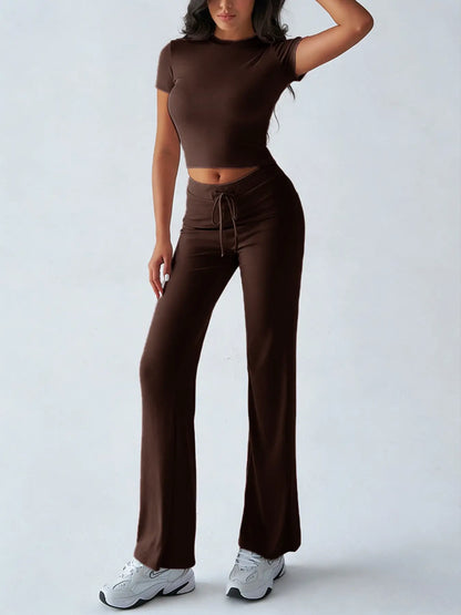 Women'S Basic Solid Short Sleeve Two-Piece Set, Casual round Neck Crop Tee & Drawstring High Waist Trousers for Daily Wear, Ladies Summer Clothes, Womenswear