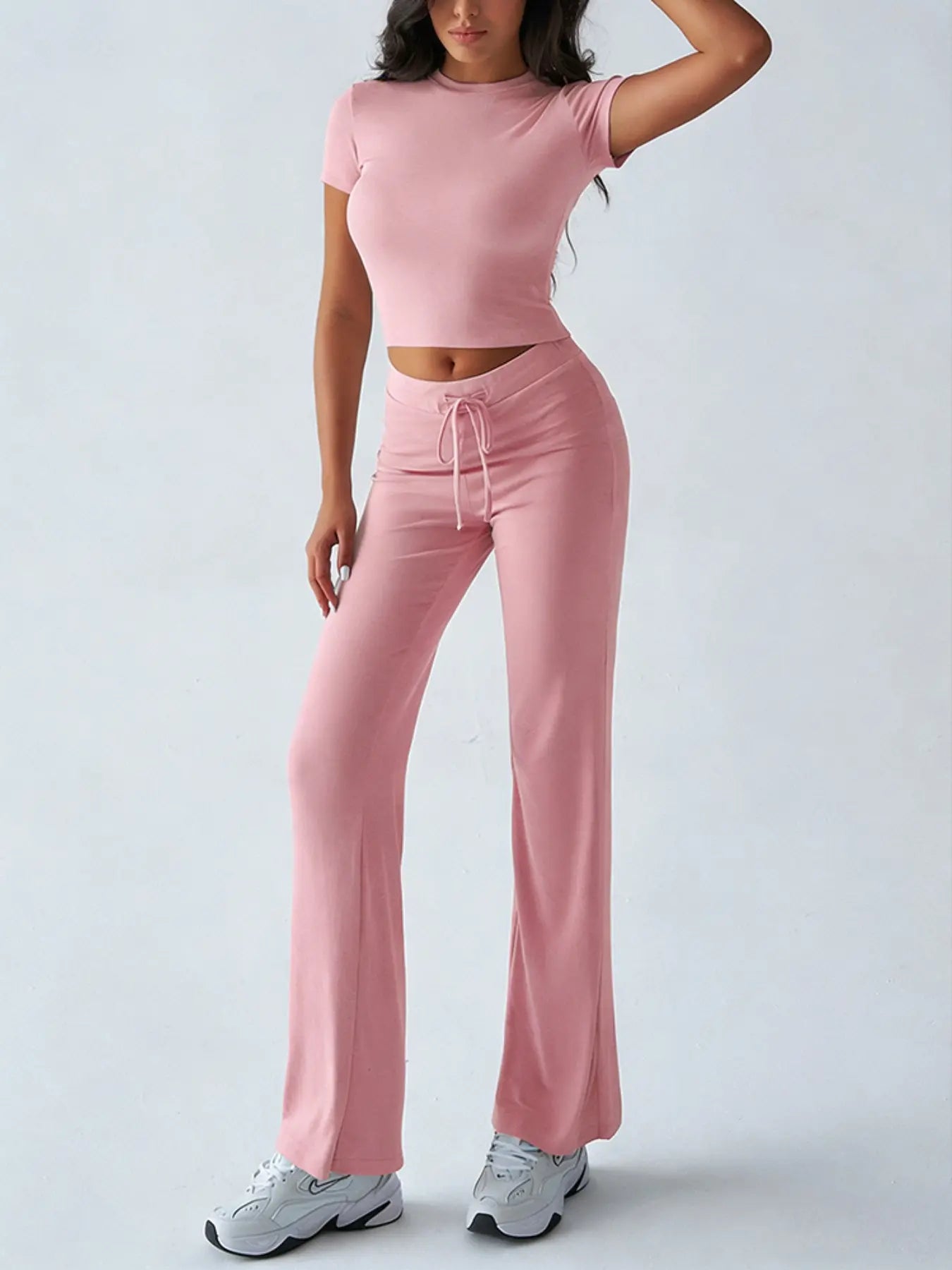 Women'S Basic Solid Short Sleeve Two-Piece Set, Casual round Neck Crop Tee & Drawstring High Waist Trousers for Daily Wear, Ladies Summer Clothes, Womenswear