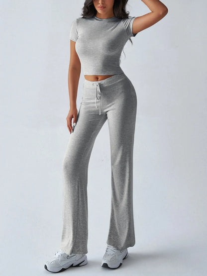 Women'S Basic Solid Short Sleeve Two-Piece Set, Casual round Neck Crop Tee & Drawstring High Waist Trousers for Daily Wear, Ladies Summer Clothes, Womenswear