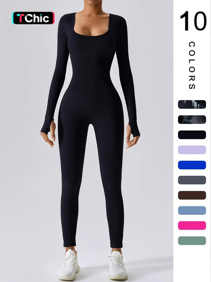 Women'S Solid Ribbed Long Sleeve Sports Playsuit Tummy Control Jumpsuit, Workout Ribbed Long Sleeve Exercise Bodycon Jumpsuit, Seamless Jumpsuits One-Piece Yoga Suit, Summer Outfits 2024, Stretchable Activewear
