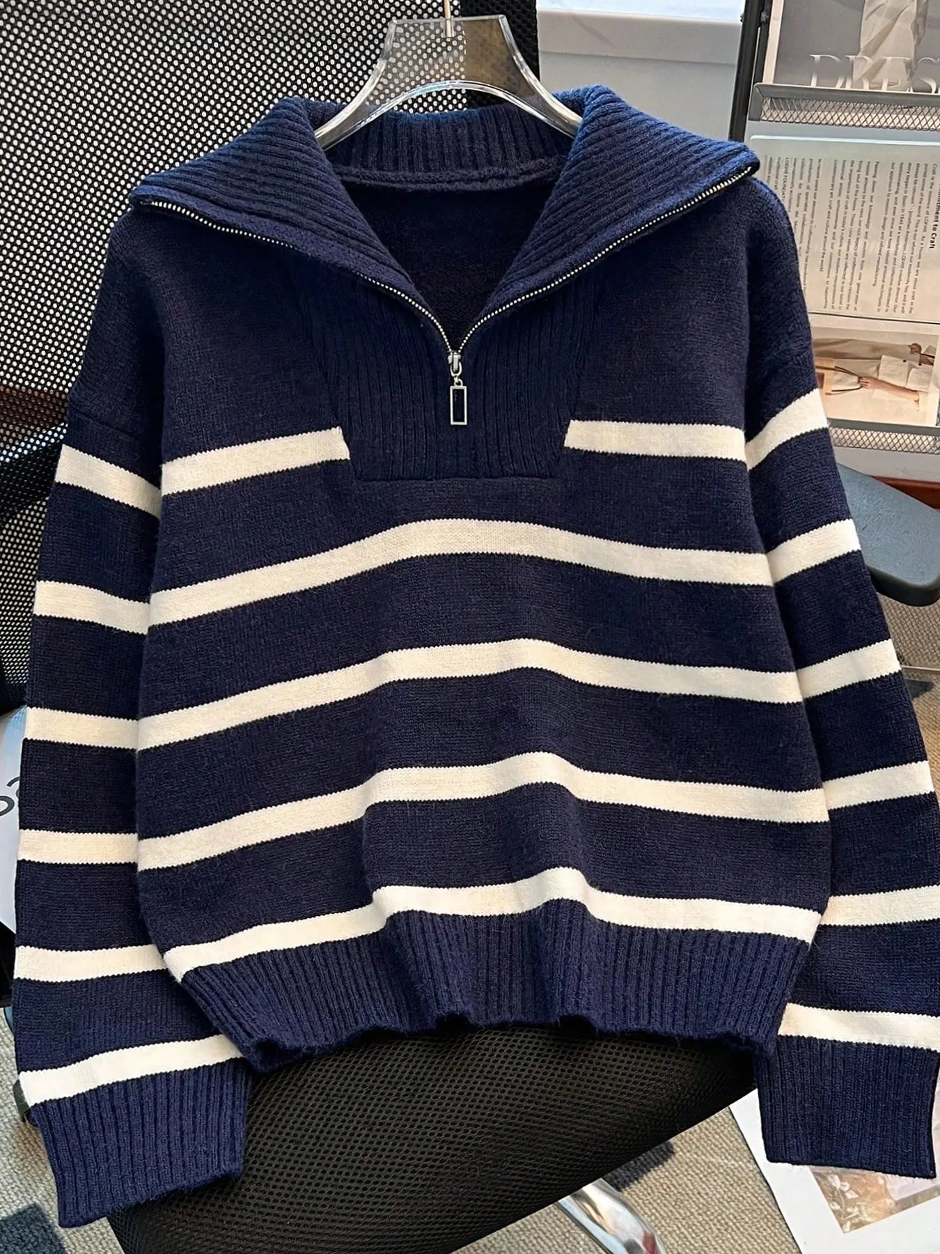 Women'S Striped-Print Drop-Shoulder Soft Sweater with Half-Zipper, Casual Fitted Long-Sleeve Collared Jumper for Daily Outdoor Wear, Knitwear for Fall & Winter, National Day Outfit