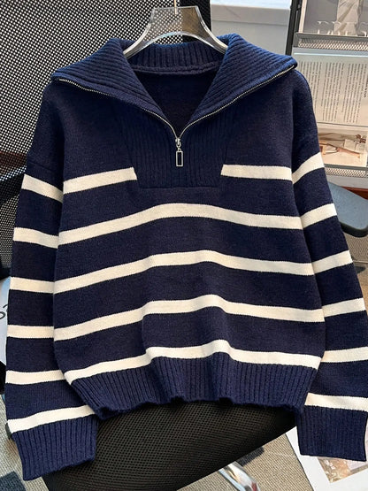 Women'S Striped-Print Drop-Shoulder Soft Sweater with Half-Zipper, Casual Fitted Long-Sleeve Collared Jumper for Daily Outdoor Wear, Knitwear for Fall & Winter, National Day Outfit