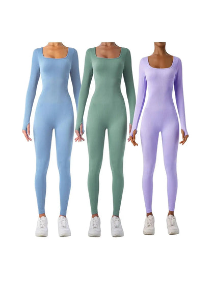 Women'S Solid Ribbed Long Sleeve Sports Playsuit Tummy Control Jumpsuit, Workout Ribbed Long Sleeve Exercise Bodycon Jumpsuit, Seamless Jumpsuits One-Piece Yoga Suit, Summer Outfits 2024, Stretchable Activewear