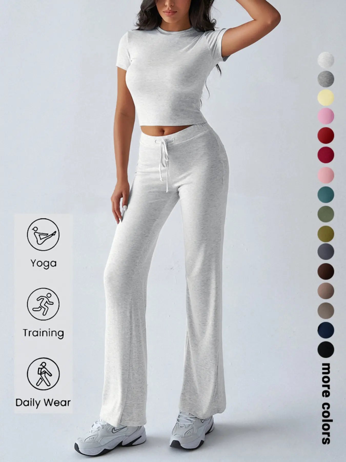 Women'S Basic Solid Short Sleeve Two-Piece Set, Casual round Neck Crop Tee & Drawstring High Waist Trousers for Daily Wear, Ladies Summer Clothes, Womenswear