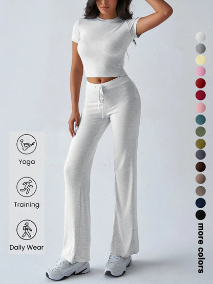 Women'S Basic Solid Short Sleeve Two-Piece Set, Casual round Neck Crop Tee & Drawstring High Waist Trousers for Daily Wear, Ladies Summer Clothes, Womenswear