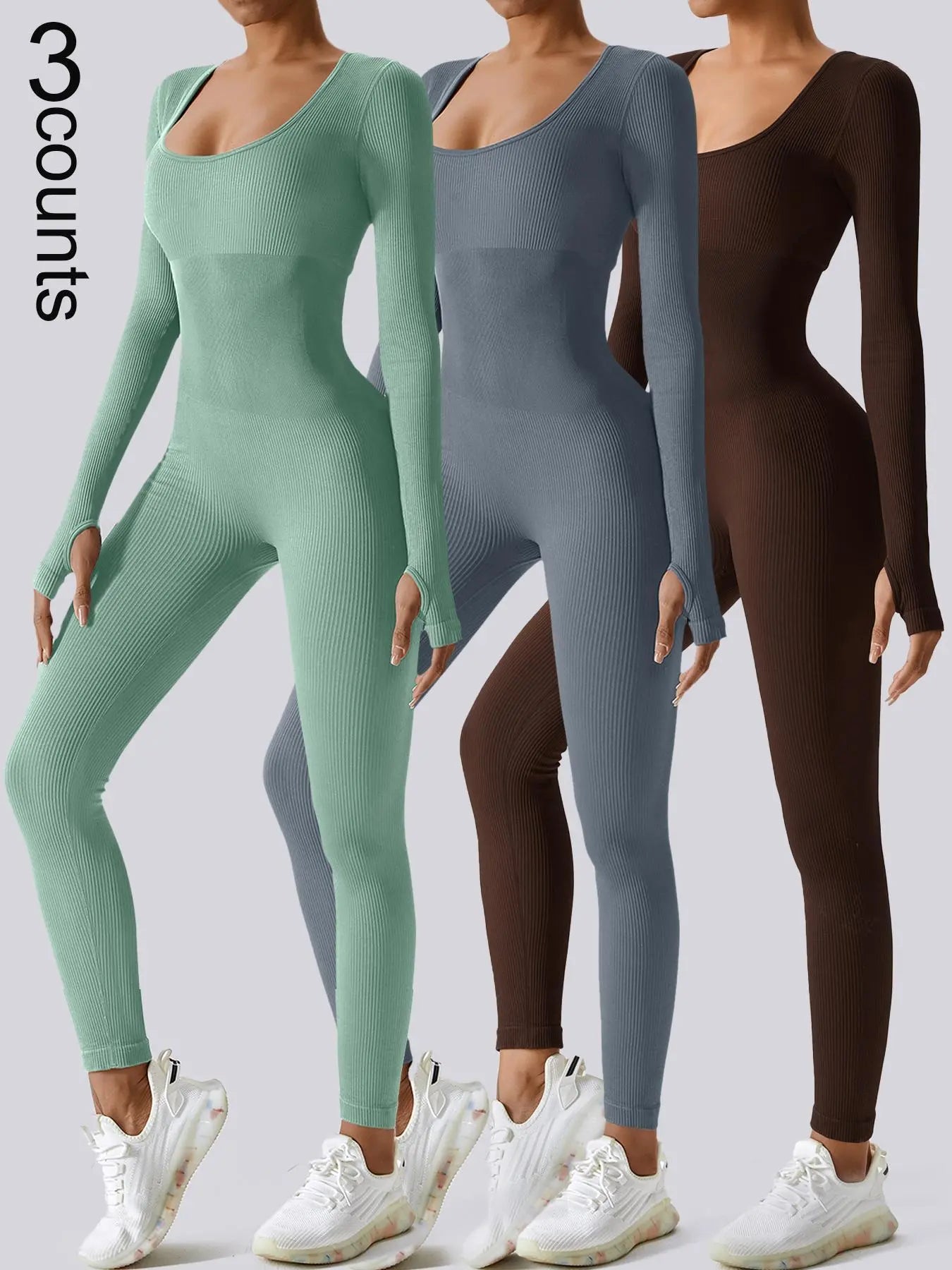Women'S Solid Ribbed Long Sleeve Sports Playsuit Tummy Control Jumpsuit, Workout Ribbed Long Sleeve Exercise Bodycon Jumpsuit, Seamless Jumpsuits One-Piece Yoga Suit, Summer Outfits 2024, Stretchable Activewear
