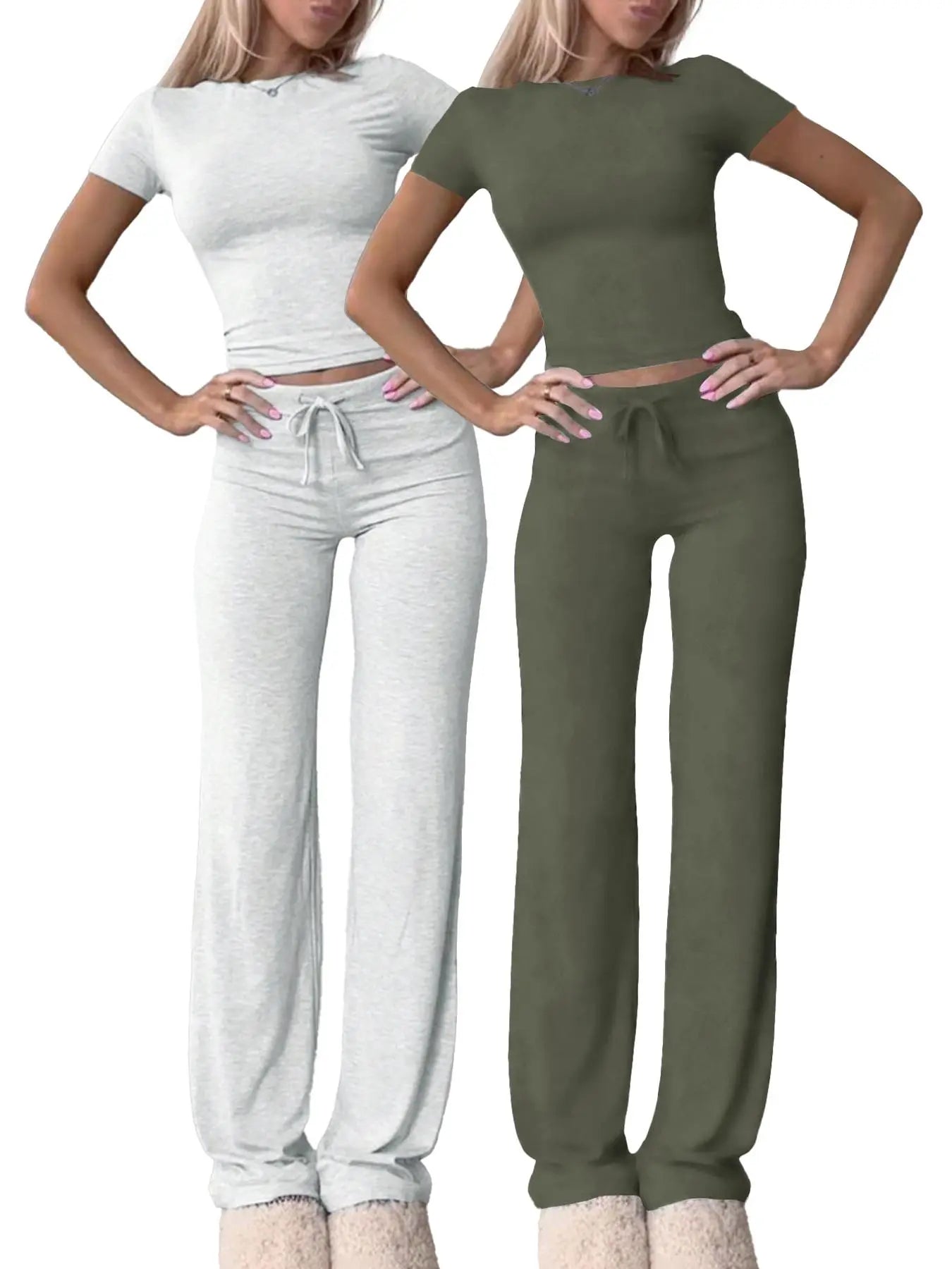 Women'S Basic Solid Short Sleeve Two-Piece Set, Casual round Neck Crop Tee & Drawstring High Waist Trousers for Daily Wear, Ladies Summer Clothes, Womenswear