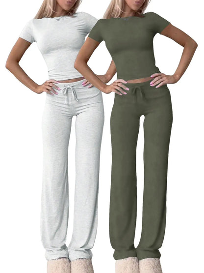 Women'S Basic Solid Short Sleeve Two-Piece Set, Casual round Neck Crop Tee & Drawstring High Waist Trousers for Daily Wear, Ladies Summer Clothes, Womenswear