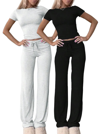 Women'S Basic Solid Short Sleeve Two-Piece Set, Casual round Neck Crop Tee & Drawstring High Waist Trousers for Daily Wear, Ladies Summer Clothes, Womenswear
