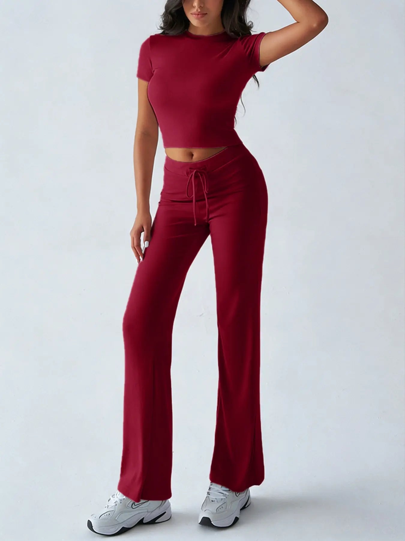 Women'S Basic Solid Short Sleeve Two-Piece Set, Casual round Neck Crop Tee & Drawstring High Waist Trousers for Daily Wear, Ladies Summer Clothes, Womenswear