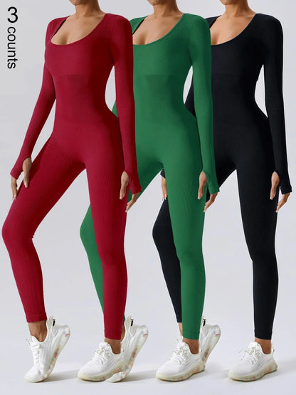 Women'S Solid Ribbed Long Sleeve Sports Playsuit Tummy Control Jumpsuit, Workout Ribbed Long Sleeve Exercise Bodycon Jumpsuit, Seamless Jumpsuits One-Piece Yoga Suit, Summer Outfits 2024, Stretchable Activewear