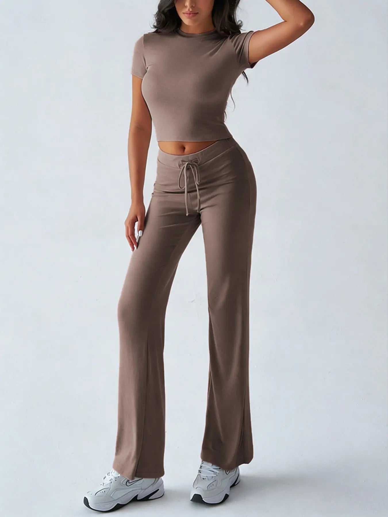 Women'S Basic Solid Short Sleeve Two-Piece Set, Casual round Neck Crop Tee & Drawstring High Waist Trousers for Daily Wear, Ladies Summer Clothes, Womenswear