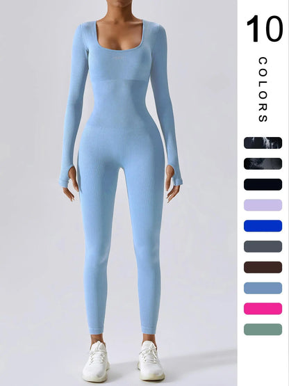 Women'S Solid Ribbed Long Sleeve Sports Playsuit Tummy Control Jumpsuit, Workout Ribbed Long Sleeve Exercise Bodycon Jumpsuit, Seamless Jumpsuits One-Piece Yoga Suit, Summer Outfits 2024, Stretchable Activewear