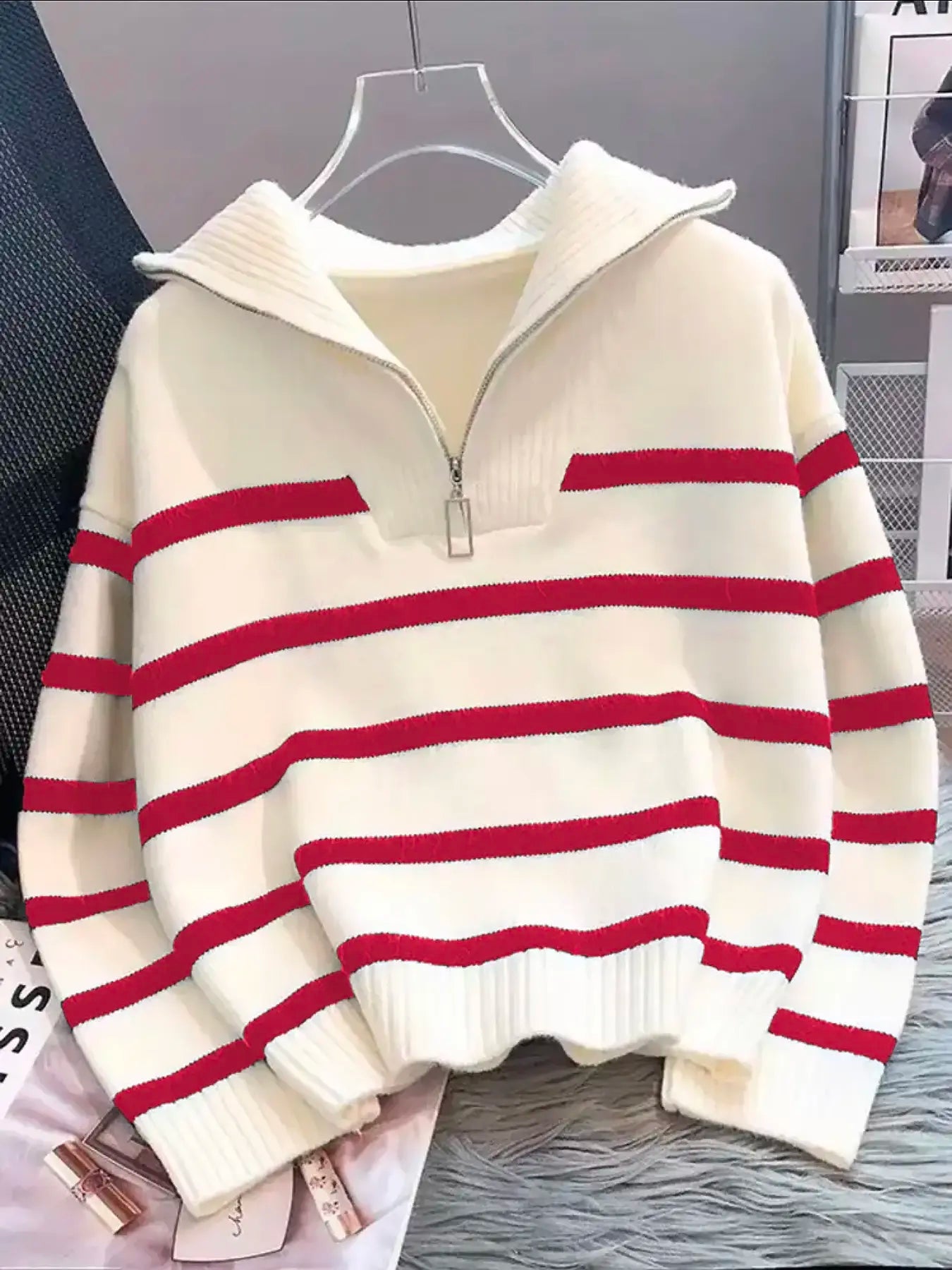 Women'S Striped-Print Drop-Shoulder Soft Sweater with Half-Zipper, Casual Fitted Long-Sleeve Collared Jumper for Daily Outdoor Wear, Knitwear for Fall & Winter, National Day Outfit