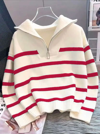 Women'S Striped-Print Drop-Shoulder Soft Sweater with Half-Zipper, Casual Fitted Long-Sleeve Collared Jumper for Daily Outdoor Wear, Knitwear for Fall & Winter, National Day Outfit