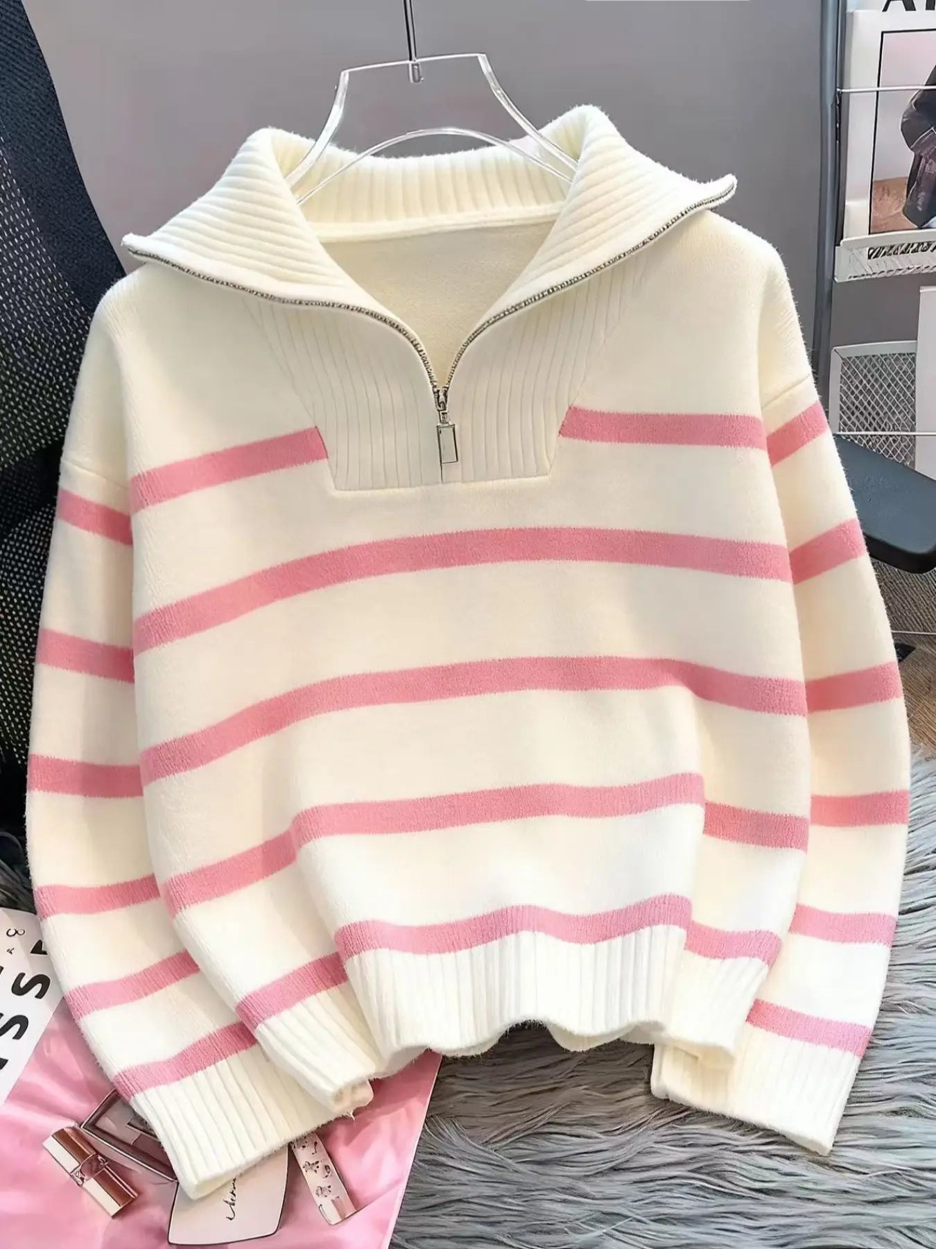 Women'S Striped-Print Drop-Shoulder Soft Sweater with Half-Zipper, Casual Fitted Long-Sleeve Collared Jumper for Daily Outdoor Wear, Knitwear for Fall & Winter, National Day Outfit