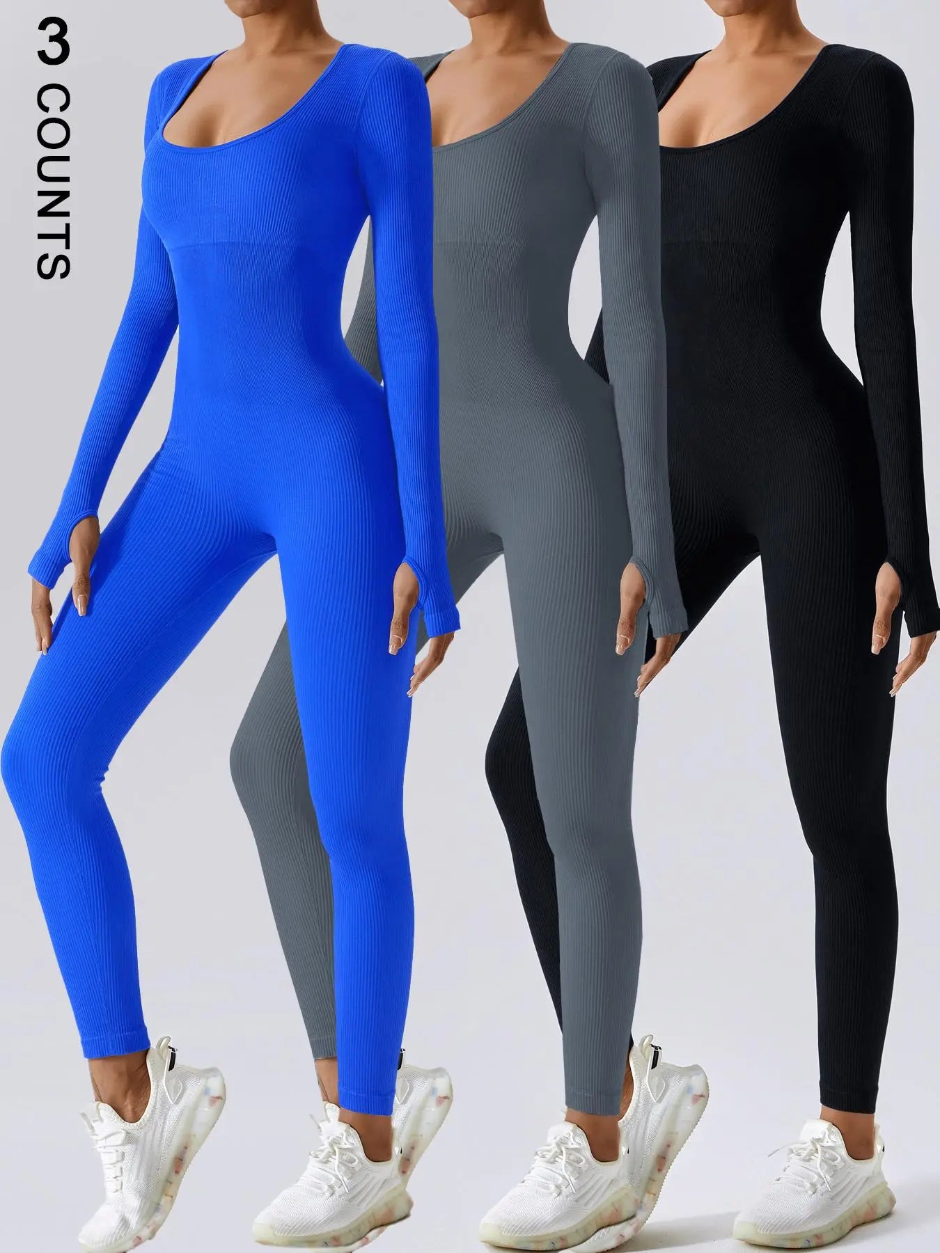 Women'S Solid Ribbed Long Sleeve Sports Playsuit Tummy Control Jumpsuit, Workout Ribbed Long Sleeve Exercise Bodycon Jumpsuit, Seamless Jumpsuits One-Piece Yoga Suit, Summer Outfits 2024, Stretchable Activewear