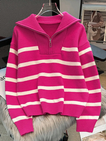 Women'S Striped-Print Drop-Shoulder Soft Sweater with Half-Zipper, Casual Fitted Long-Sleeve Collared Jumper for Daily Outdoor Wear, Knitwear for Fall & Winter, National Day Outfit