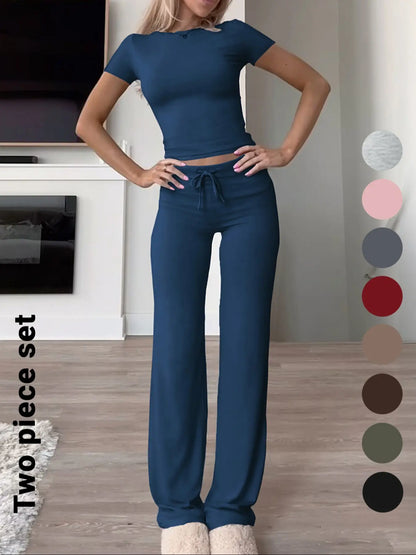 Women'S Basic Solid Short Sleeve Two-Piece Set, Casual round Neck Crop Tee & Drawstring High Waist Trousers for Daily Wear, Ladies Summer Clothes, Womenswear