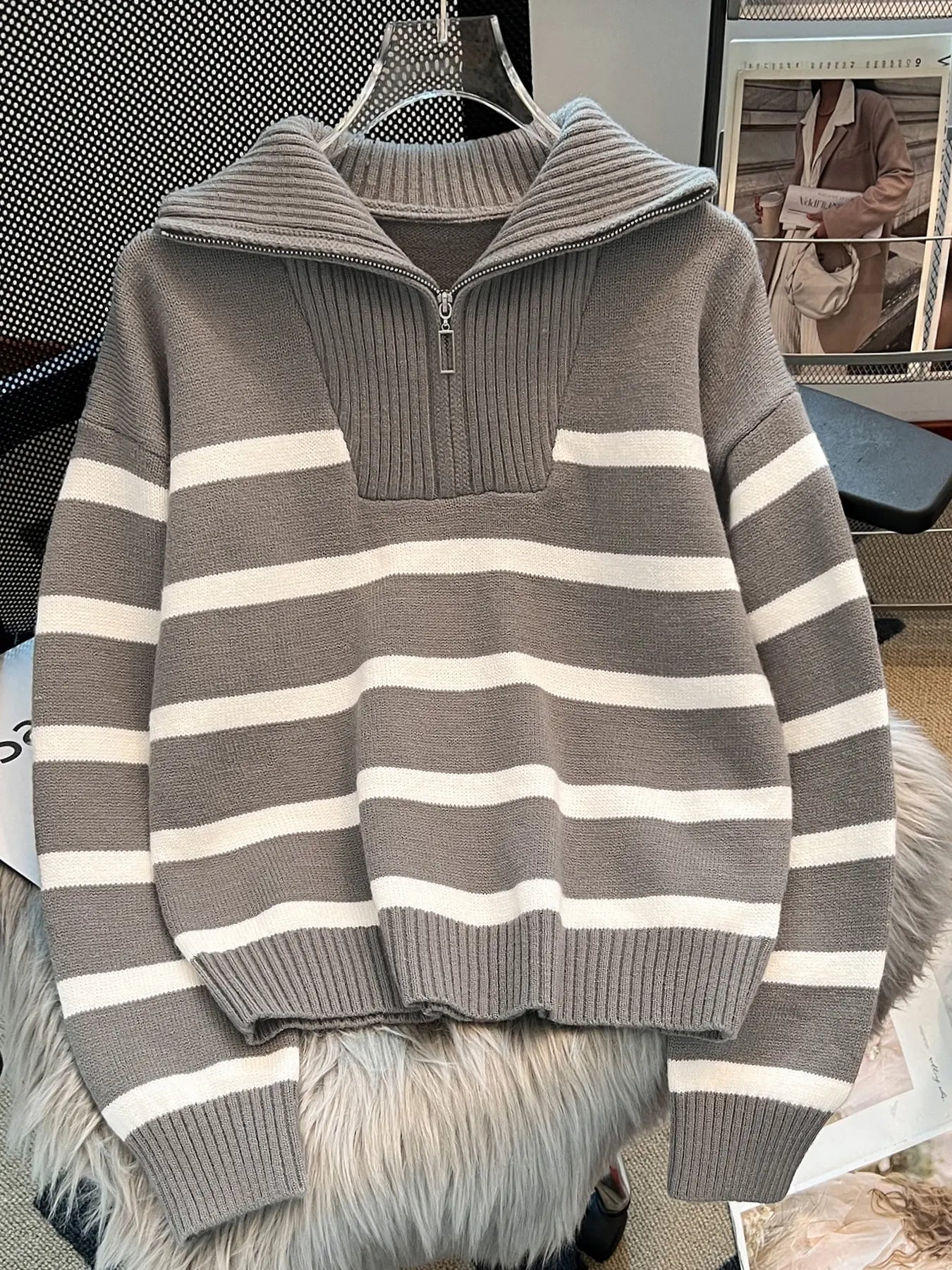 Women'S Striped-Print Drop-Shoulder Soft Sweater with Half-Zipper, Casual Fitted Long-Sleeve Collared Jumper for Daily Outdoor Wear, Knitwear for Fall & Winter, National Day Outfit