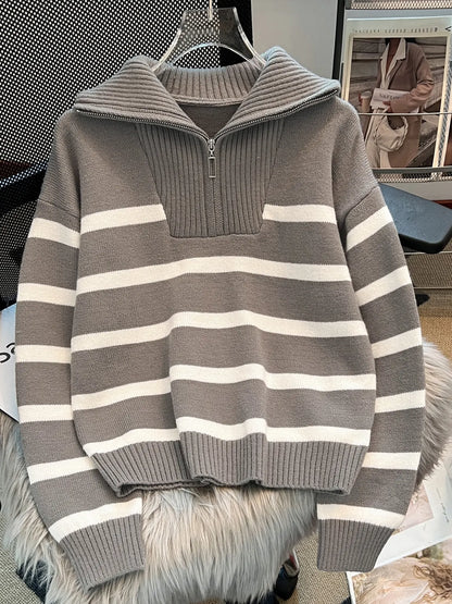 Women'S Striped-Print Drop-Shoulder Soft Sweater with Half-Zipper, Casual Fitted Long-Sleeve Collared Jumper for Daily Outdoor Wear, Knitwear for Fall & Winter, National Day Outfit