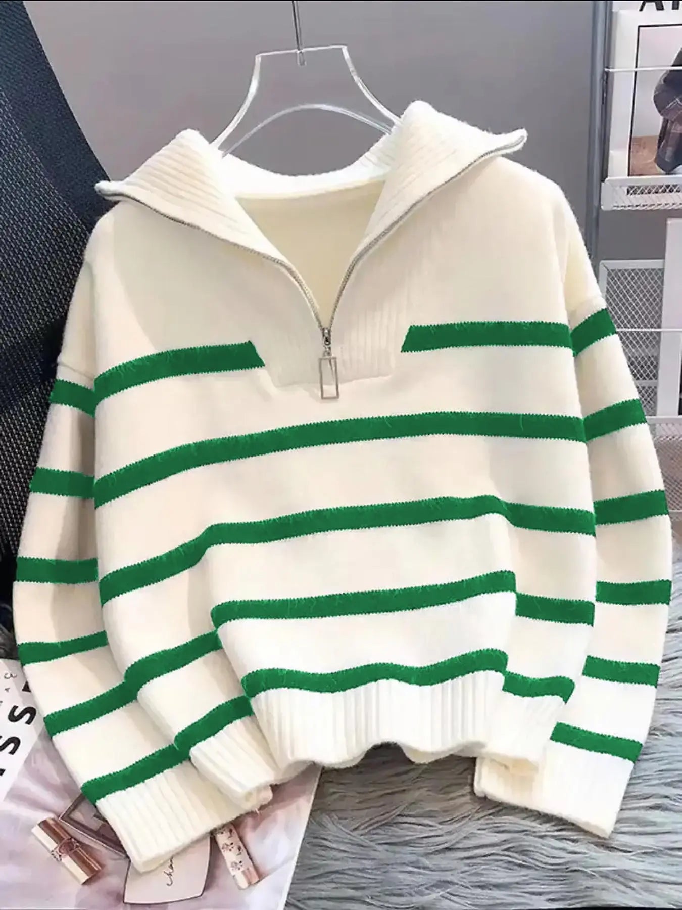 Women'S Striped-Print Drop-Shoulder Soft Sweater with Half-Zipper, Casual Fitted Long-Sleeve Collared Jumper for Daily Outdoor Wear, Knitwear for Fall & Winter, National Day Outfit