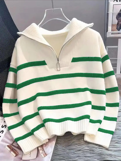 Women'S Striped-Print Drop-Shoulder Soft Sweater with Half-Zipper, Casual Fitted Long-Sleeve Collared Jumper for Daily Outdoor Wear, Knitwear for Fall & Winter, National Day Outfit