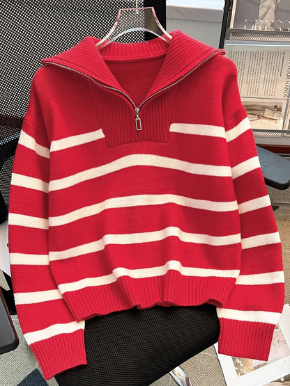 Women'S Striped-Print Drop-Shoulder Soft Sweater with Half-Zipper, Casual Fitted Long-Sleeve Collared Jumper for Daily Outdoor Wear, Knitwear for Fall & Winter, National Day Outfit