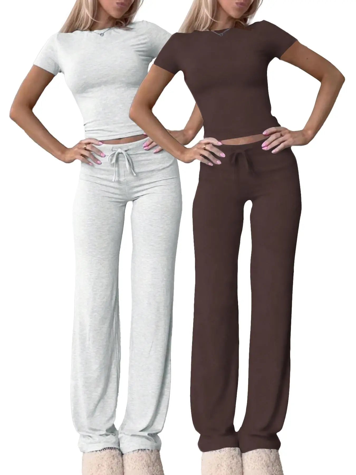 Women'S Basic Solid Short Sleeve Two-Piece Set, Casual round Neck Crop Tee & Drawstring High Waist Trousers for Daily Wear, Ladies Summer Clothes, Womenswear