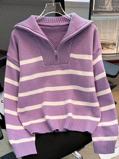 Women'S Striped-Print Drop-Shoulder Soft Sweater with Half-Zipper, Casual Fitted Long-Sleeve Collared Jumper for Daily Outdoor Wear, Knitwear for Fall & Winter, National Day Outfit