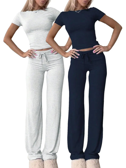 Women'S Basic Solid Short Sleeve Two-Piece Set, Casual round Neck Crop Tee & Drawstring High Waist Trousers for Daily Wear, Ladies Summer Clothes, Womenswear