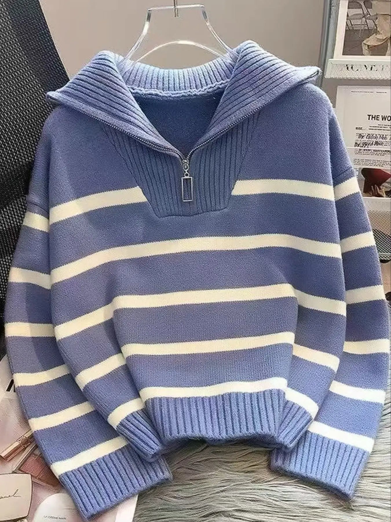 Women'S Striped-Print Drop-Shoulder Soft Sweater with Half-Zipper, Casual Fitted Long-Sleeve Collared Jumper for Daily Outdoor Wear, Knitwear for Fall & Winter, National Day Outfit
